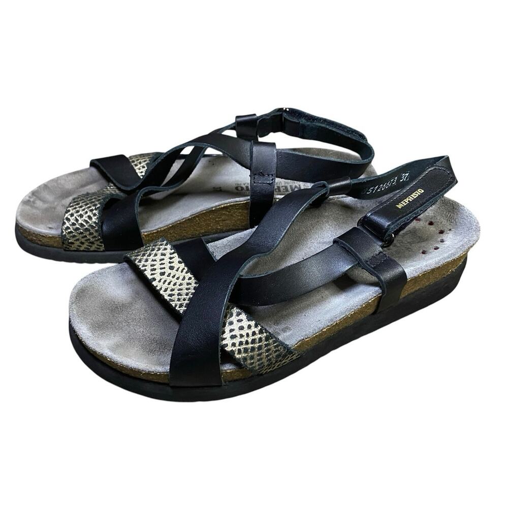 Mephisto Haneta Shimmer Snake Leather Black Cuba Sandals - EU37/US6.5-7